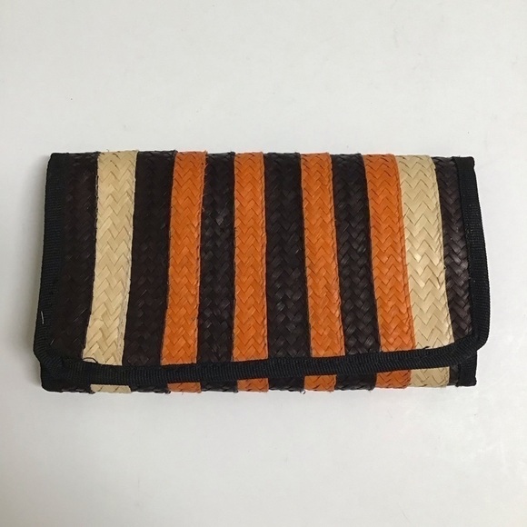 Handmade Woven Straw Wallet Zip Pouch Stripe Clutch Raffia Natural Brown Orange - Picture 9 of 9